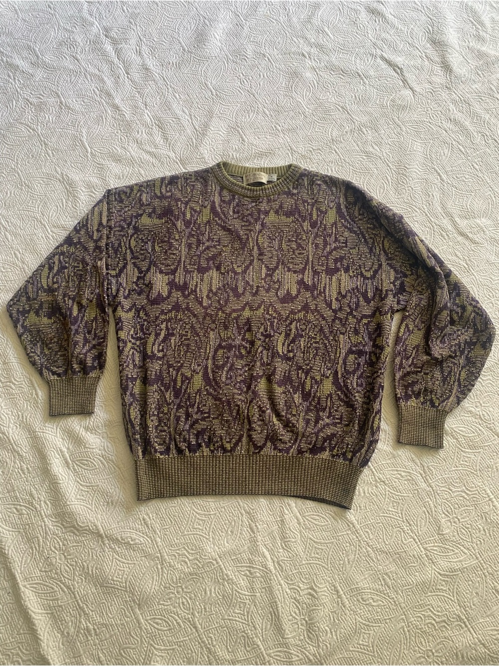 Men's Crewneck Sweater in Olive Green and Purple - Casual Knit